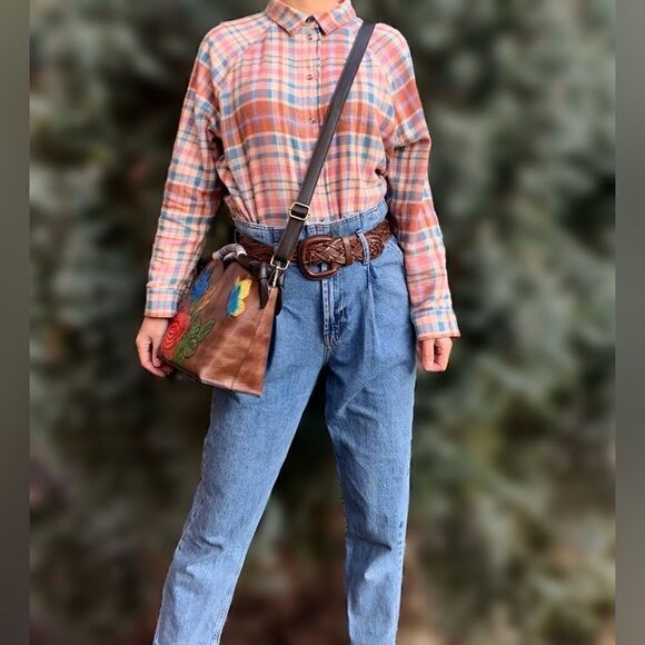 Genuine Distressed Leather Relief Floral & Butterfly Embossed Satchel/Crossbody - Picture 8 of 16